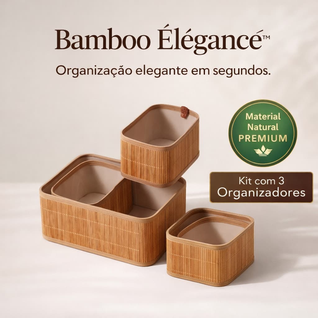 Kit 3 Organizadores de Bambu Multiuso Premium | Cestos Organizadores para Banheiro, Cozinha e Gavetas