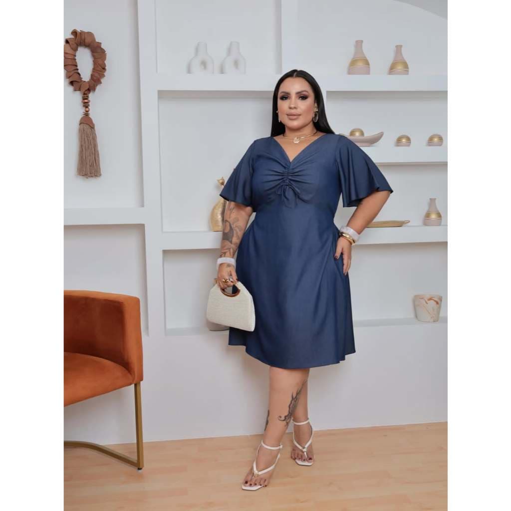 Vestido Plus Size Azul Elegante com Ajuste no Busto | Manga Soltinha | Vestido Curto Feminino Casual Chic Confortável