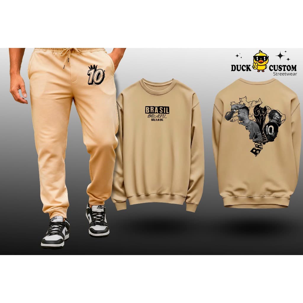 Conjunto Moletom Gola Careca e Calça Jogger Moletom Estampa Brasil 10 Streetwear Casual Masculina