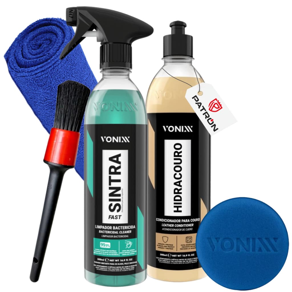 Kit Vonixx Sintra + Hidra Couro Limpeza Interna Carro + Microfibra + Pincel + Aplicador