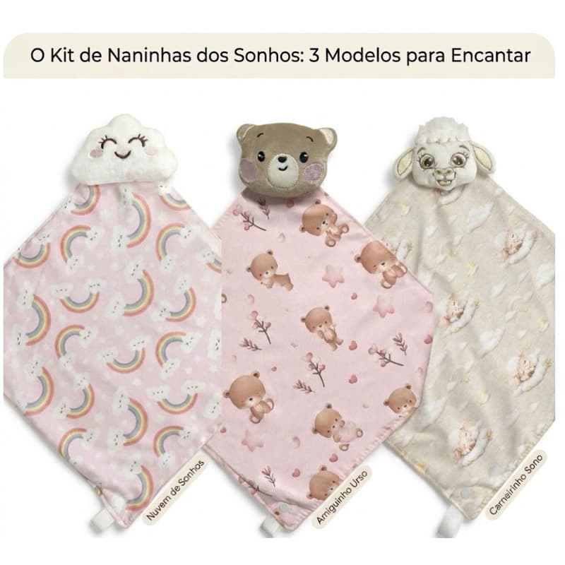 kit 3 Naninha Paninho de Boca para Bebê Diversos Modelos Macia Comprendedor Chupeta Enxoval Chá de Bebê