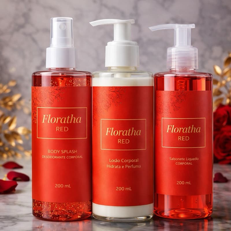 1 Kit Feminino Body Splash Florata Red com gliter 200Ml + 1 Hidratante 200ML + 1 Sabonete 200Ml
