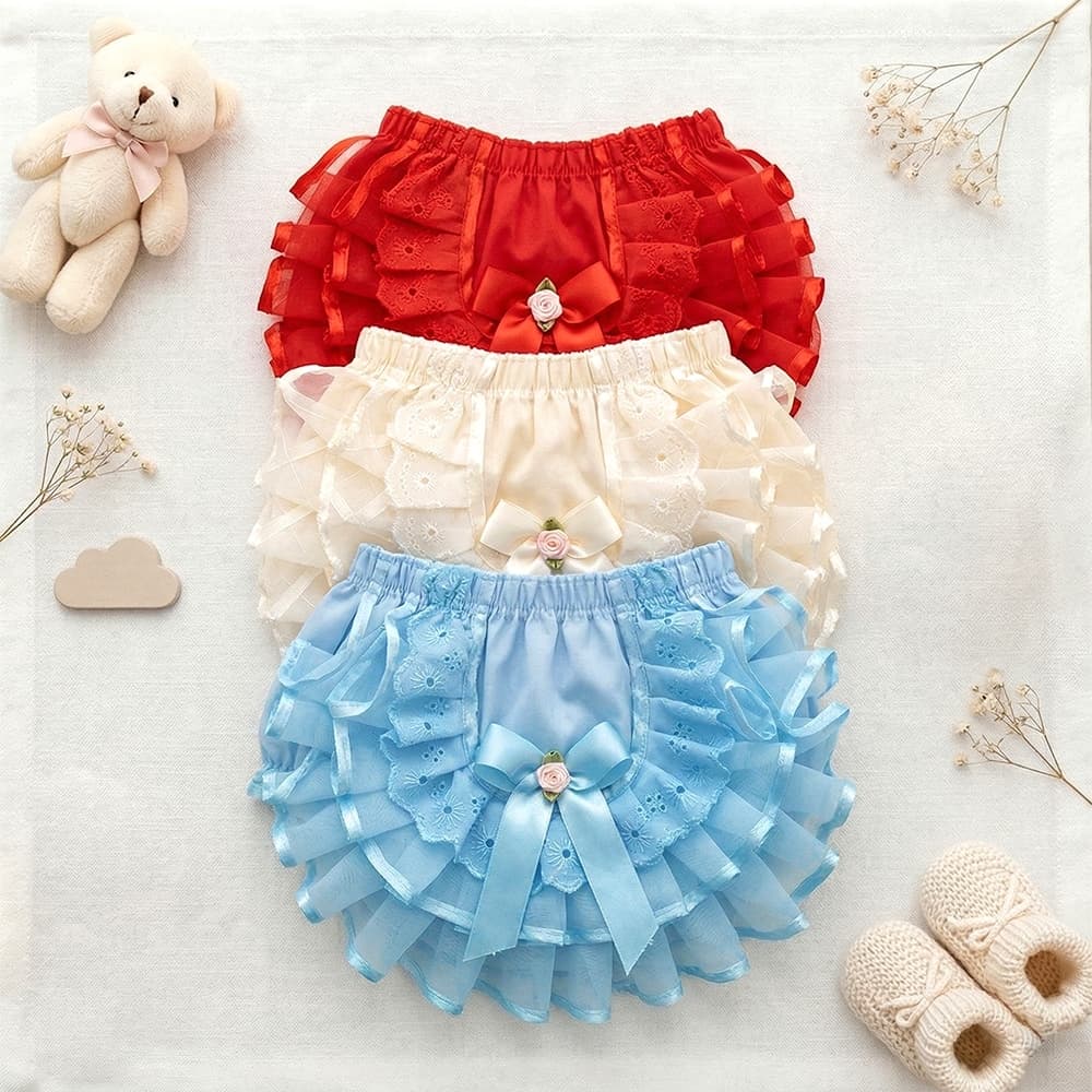 Kit 3 Calcinha Infantil Tapa Fralda com Babado Triplo em Organza e Cetim