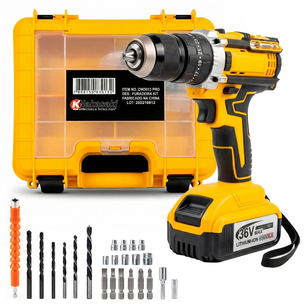 Furadeira Parafusadeira Bateria 36v Sem Fio Auto Reversa Profissional Maleta E Acessórios 1150rpm