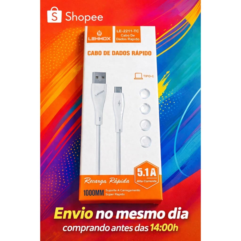 Cabo USB para USB tipo C 1 Metro Carregador Celular Tablet  Recarga Rápida 5.1A Cor Branco ou Preto