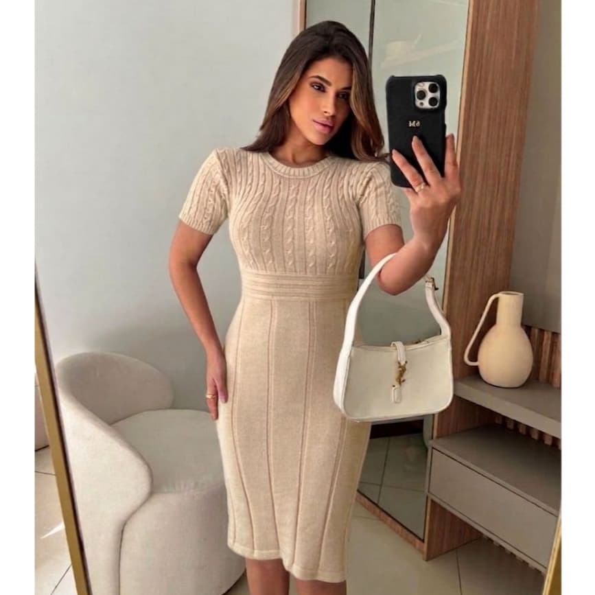 Vestido Feminino Midi Moda Evangélica Acinturado Manguinha Roupa Feminina Moda Tricot Com Trança
