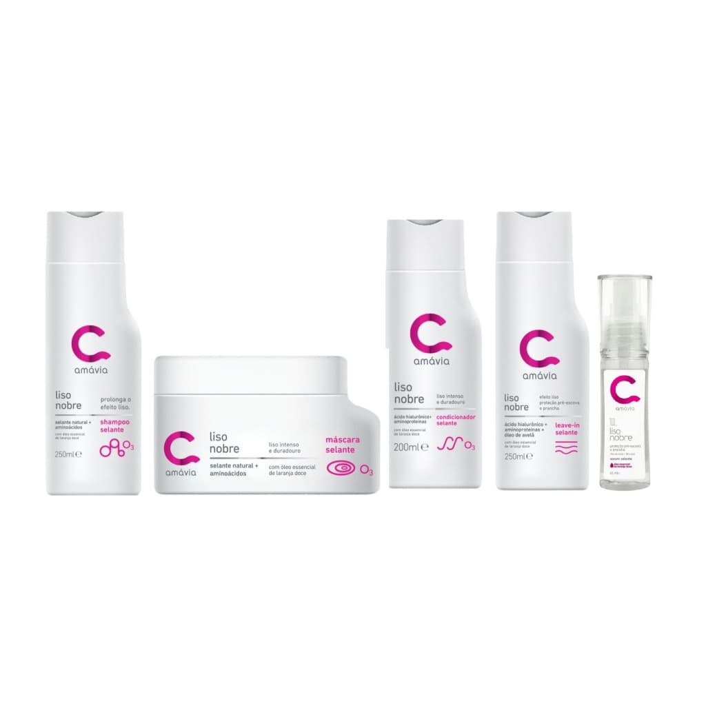 Amávia Kit Liso Nobre Shampoo, máscara,, condicionador, leave-in e serum efeito selante e hidratante