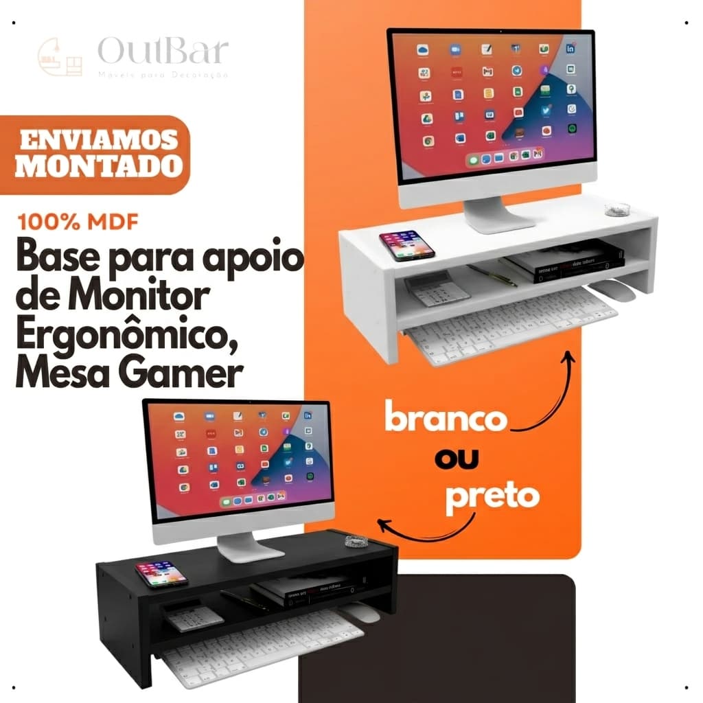 Suporte Base Monitor Elevador Ergonômico MDF 50cm Mesa Gamer