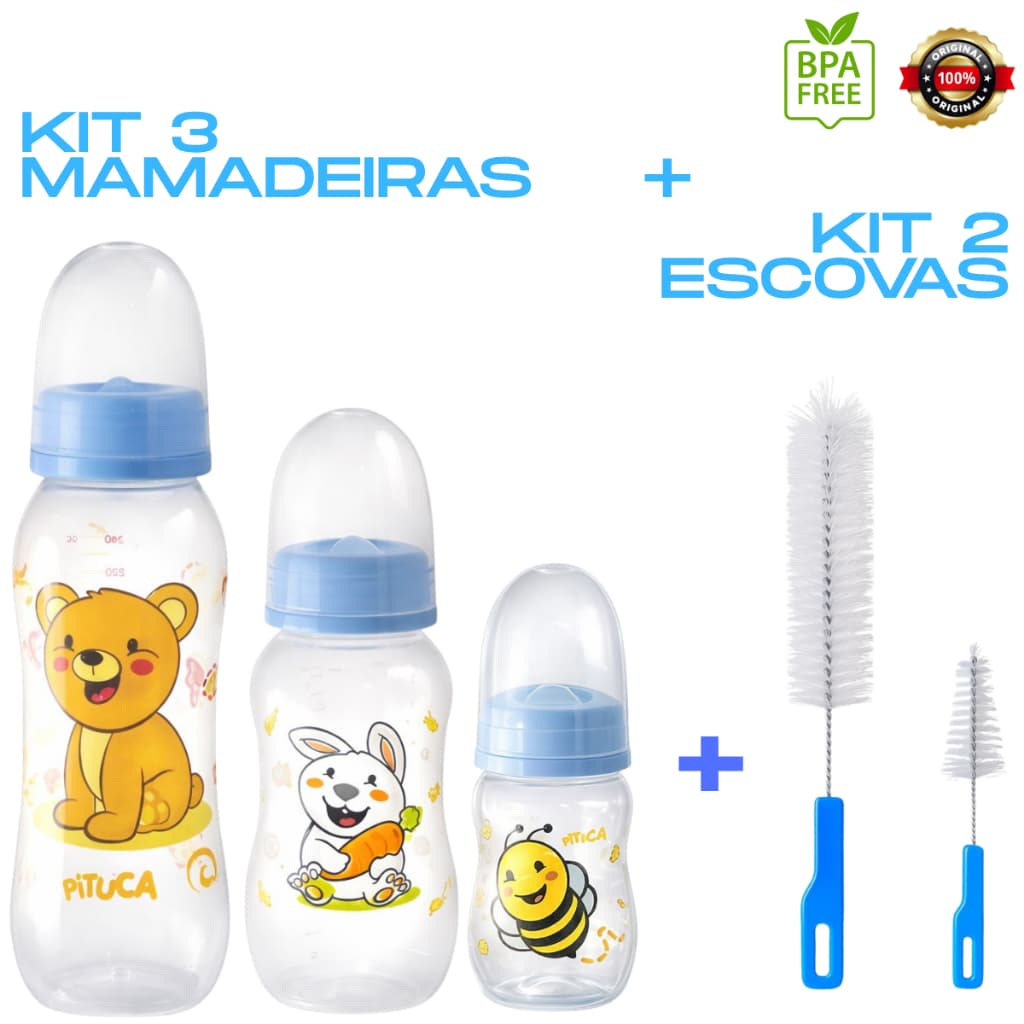 Kit 3 Mamadeiras Para Bebê + 2 Escovas de Lavar Mamadeiras
