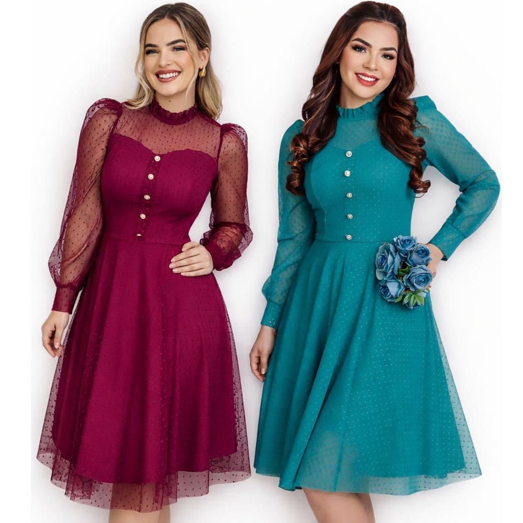Vestido Midi Tule Elegante com Elastano Premium Marsala Vestido Evangélico Feminino Lançamento Top