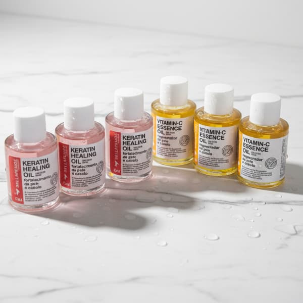 Kit 6 Mini Séruns Bella Femme 7ml: 3 Keratin Healing + 3 Vitamina C com Filtro Solar - Óleo Facial Tratamento e Proteção