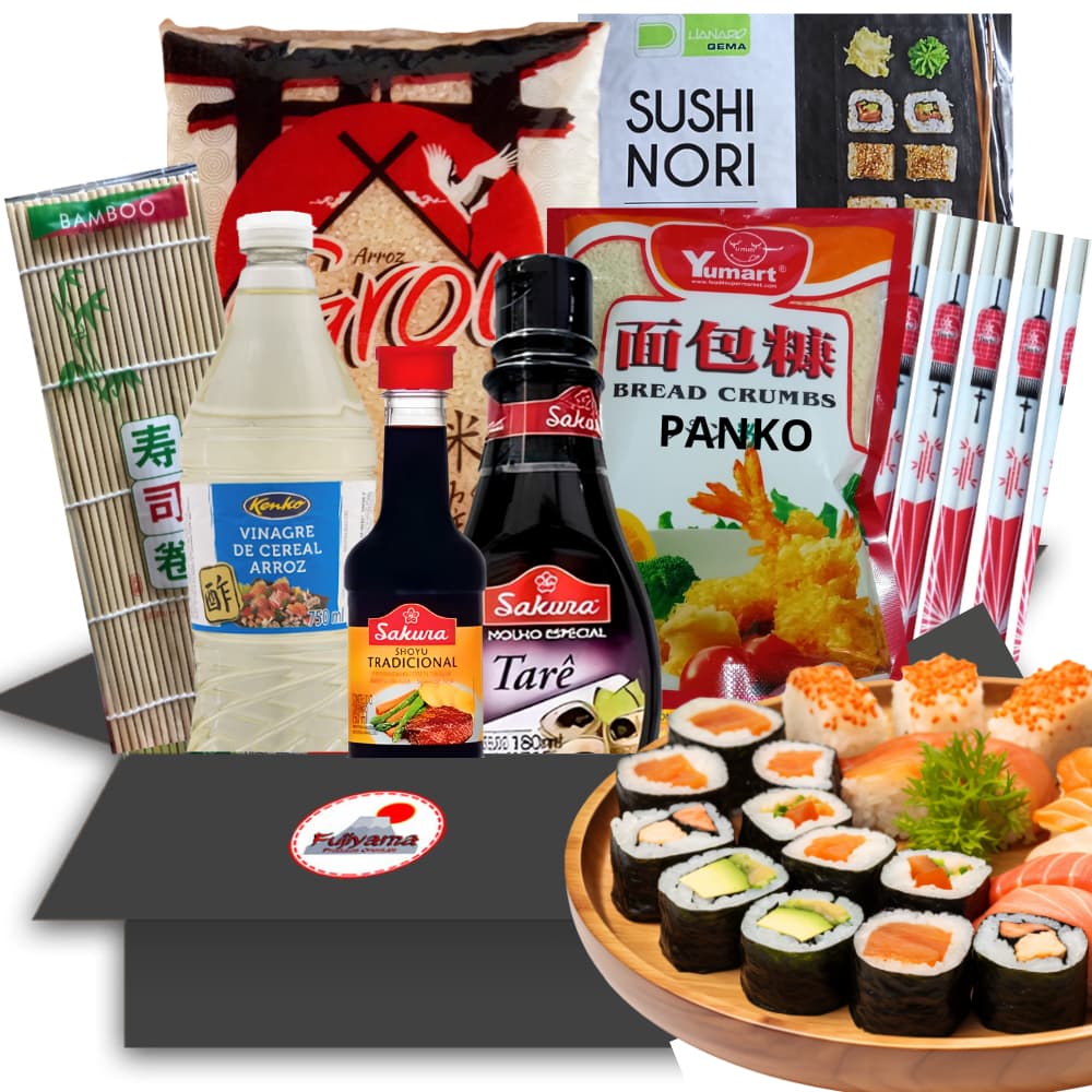 Kit Sushi Completo Alga Marinha Arroz Japonês Vinagre de Arroz Panko Shoyu Molho Tarê Esteira