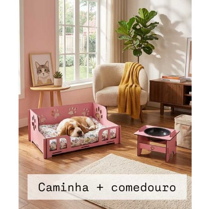Cama Pet + Comedouro Pet kit casinha pet mdf 2 pç