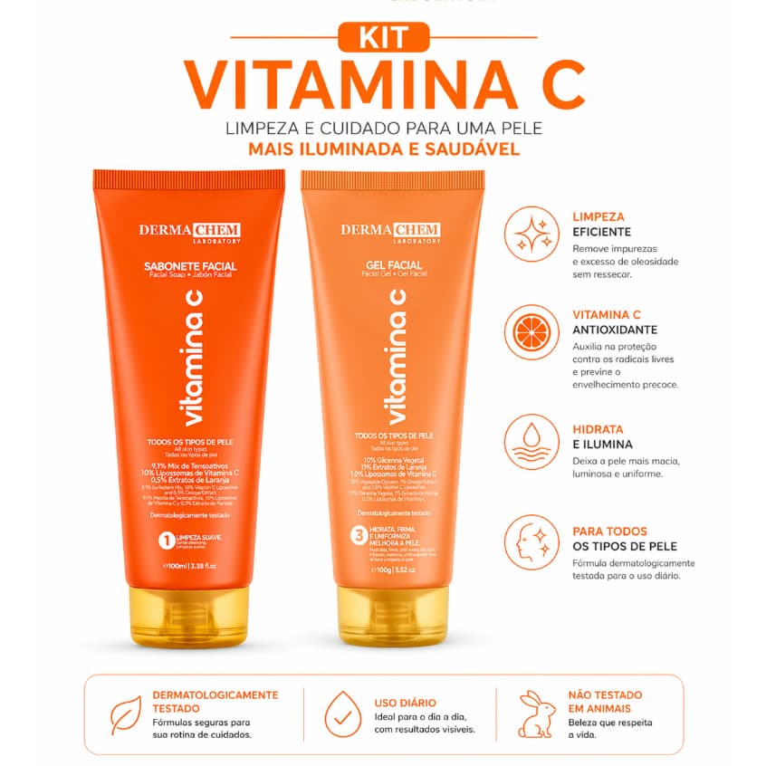 Kit Vitamina C Dermachem Sabonete + Esfoliante Clareia Uniformiza Pele Limpa e Radiante
