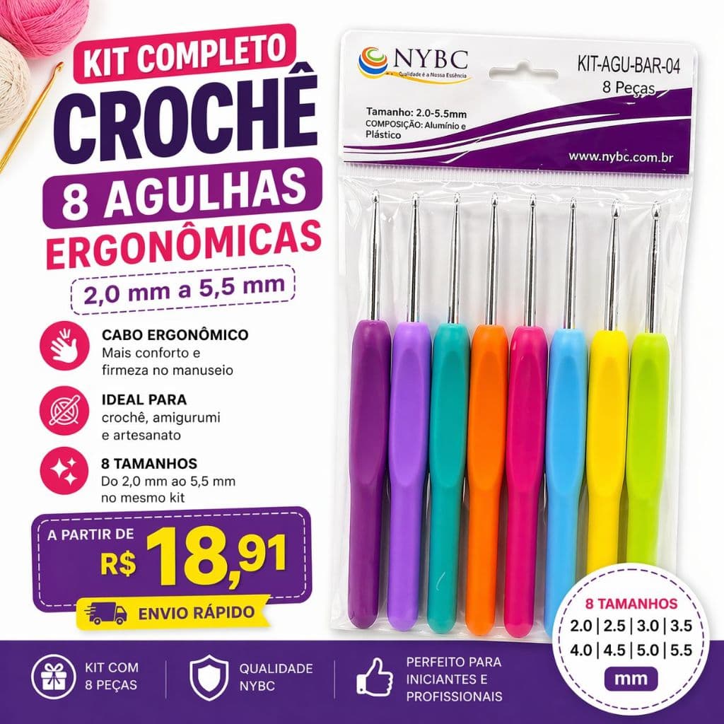 Kit 8 Agulhas de Crochê Ergonômicas NYBC 2,0 a 5,5 mm Coloridas Para Amigurumi Artesanato e Iniciantes