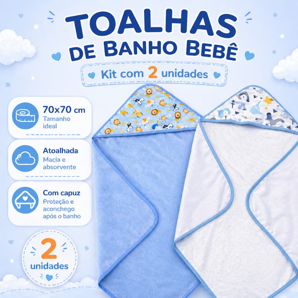 Kit 2 Toalhas de Banho Bebê com Capuz 70x70 Macia Atoalhada Alta Absorção Enxoval