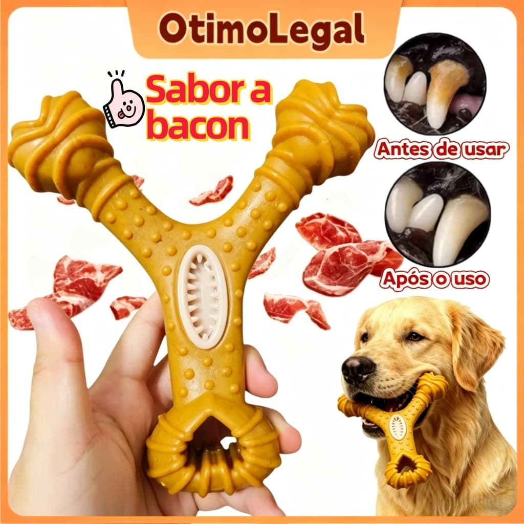 Brinquedo Interativo de Mastigação para Cães - Limpeza Dental que Remove Tártaro e Sabor Bacon