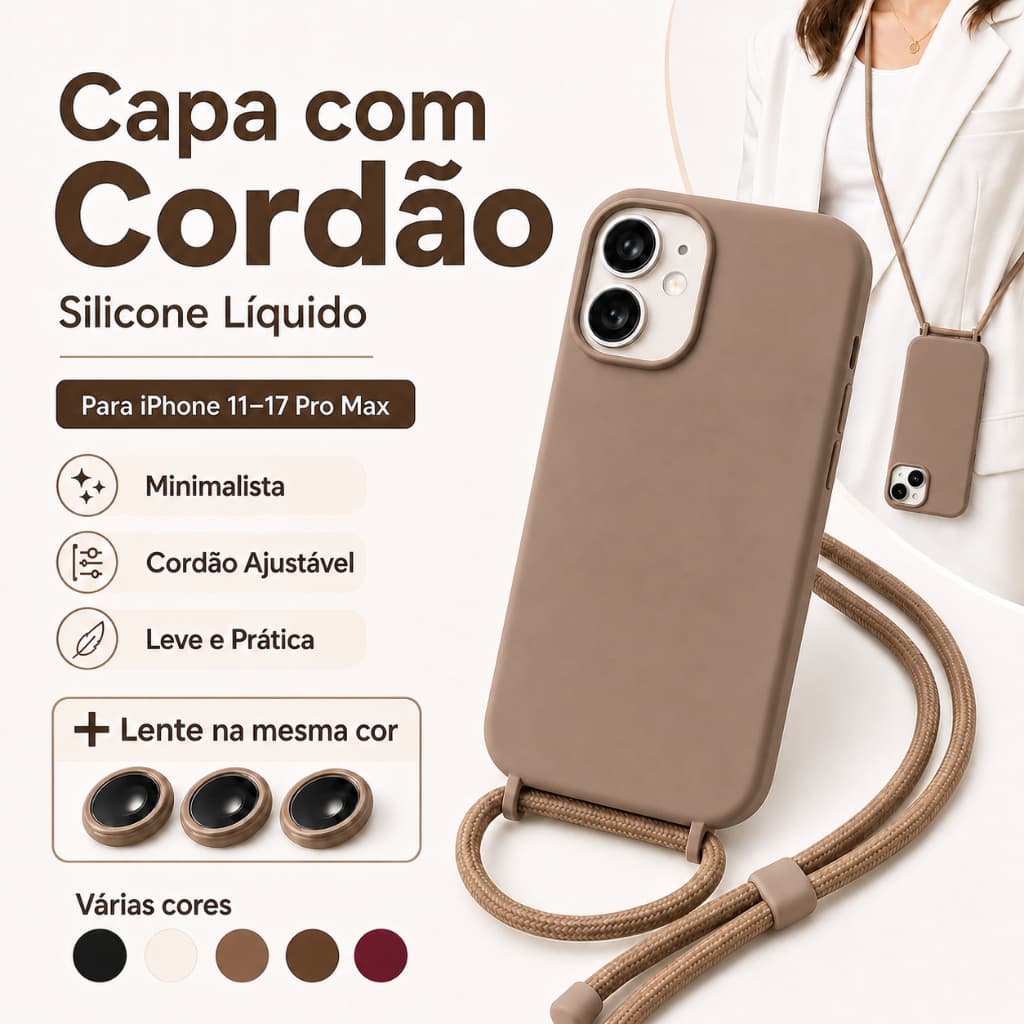 Capa Capinha com Cordão para iPhone 17 17 Air 16 16E 15 14 13 12 11 Pro Max TPU Aveludada Antichoque