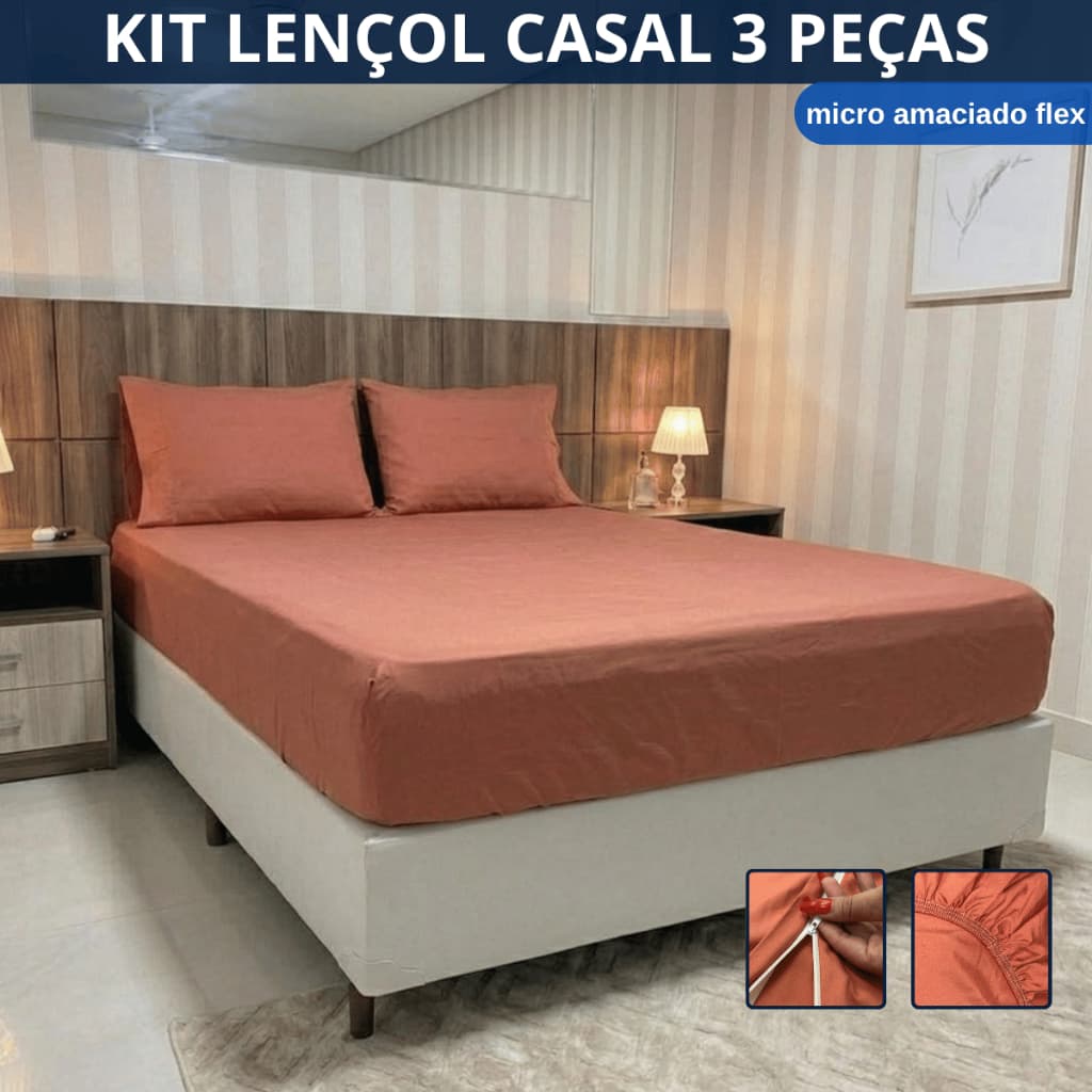 Lencol Kit 3 Peças Lençol De Elastico Jogo Cama Casal 400 Fios Micro Amaciado Flex Fronha Com Zíper