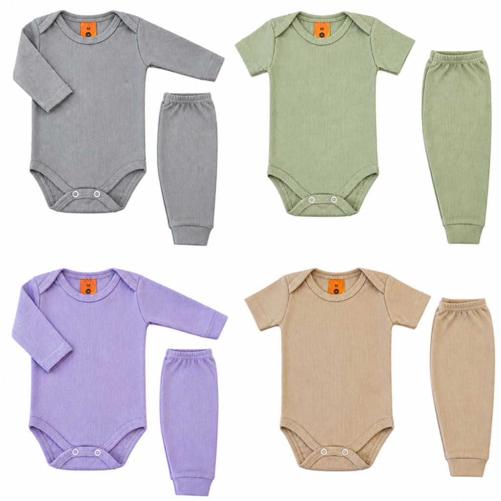 Kit 4 Peças Roupa Bebê Algodão 2 Body 2 Mijão Calça Menino Menina