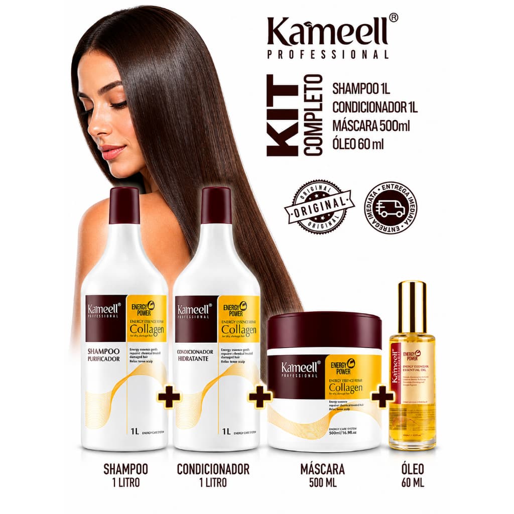Kit Collagen Kameell Profissional Hidratante Reparação Capilar Anti Frizz Brilho Intenso Completo