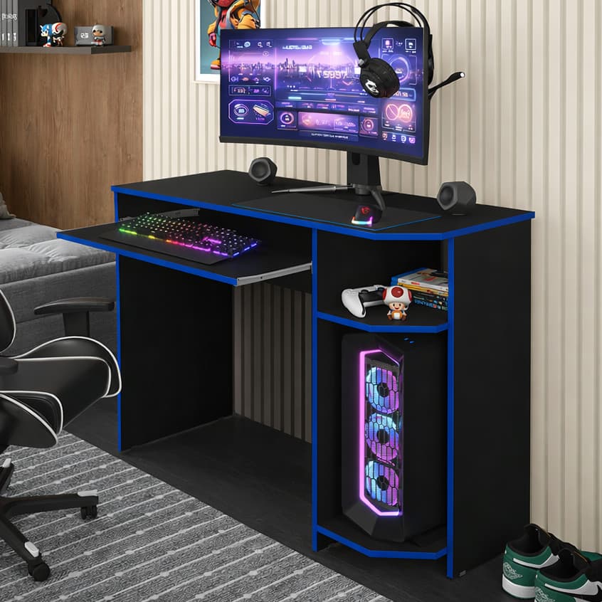 Mesa Gamer com Prateleiras e Espaço para CPU – Ideal para Computador, Estudos e Trabalho