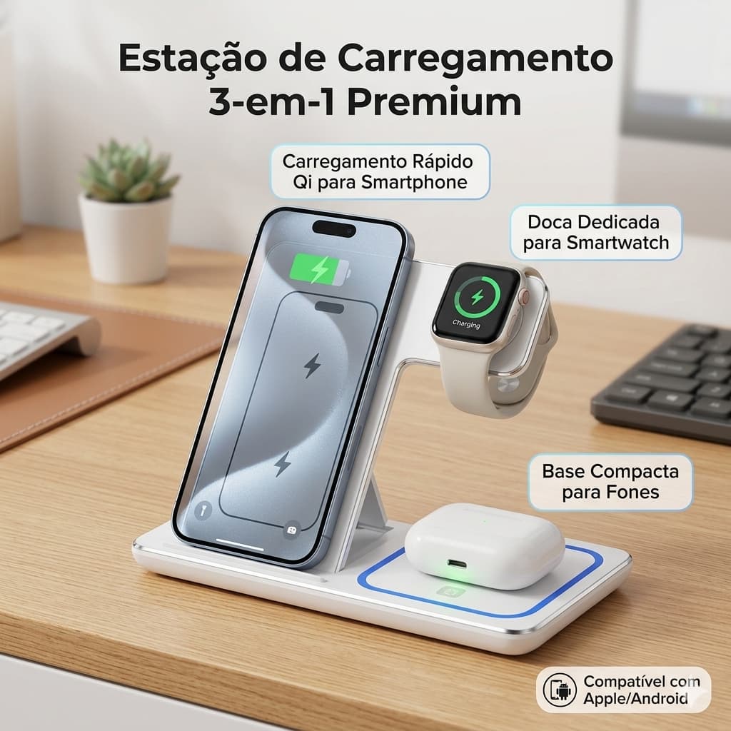 Carregador Indução 3 em 1 Base Carregadora Rápida 15w Dock Station Apple Watch Airpod iPhone Cor Preto