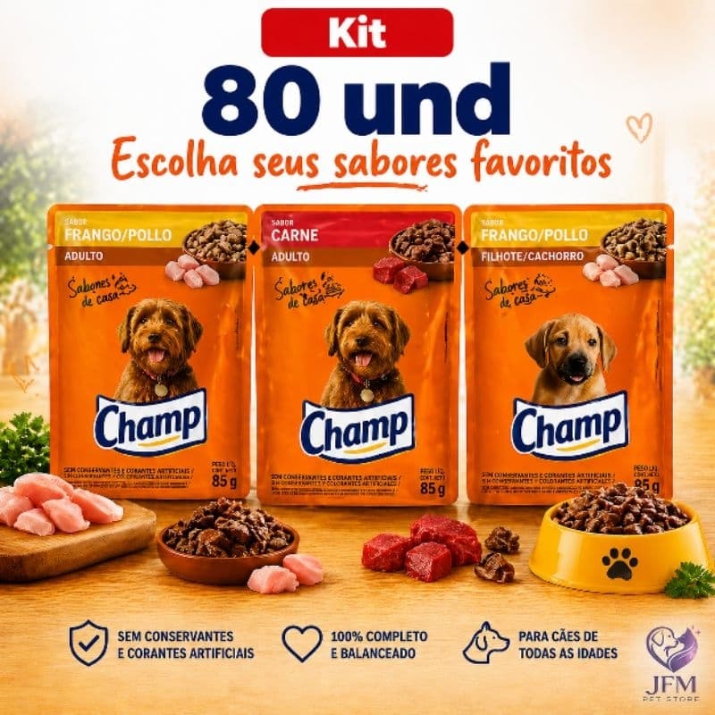 CHAMP 80 UND Carne/Frango e Filhote - Sachê para Cães 85g