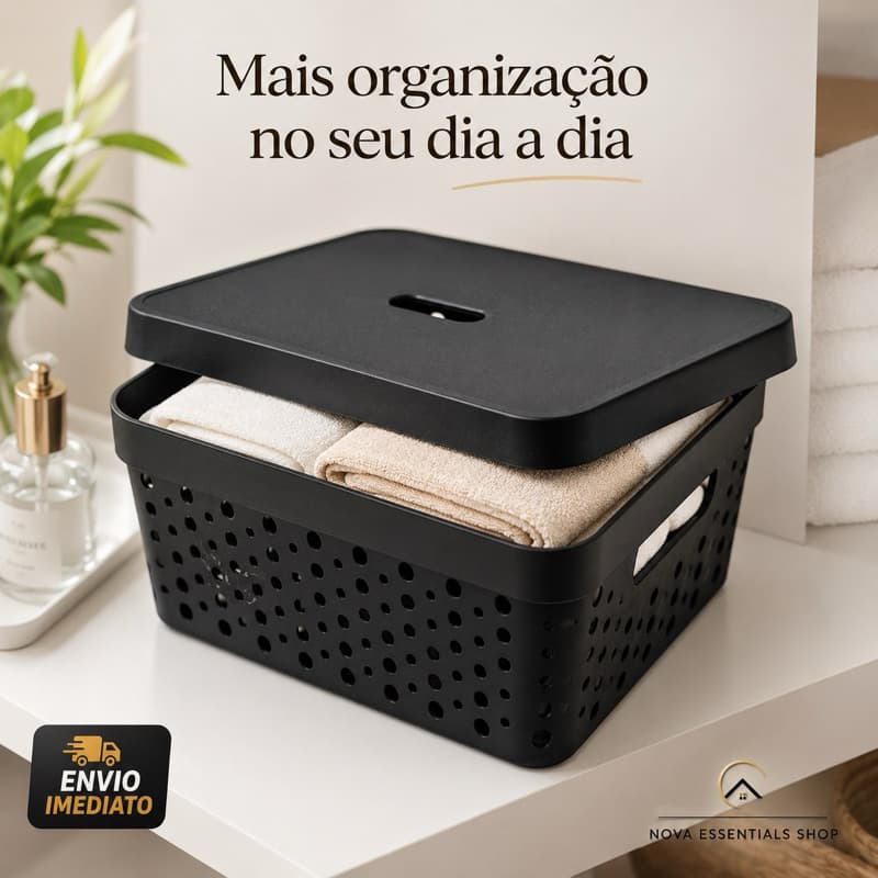 Caixa Organizadora com Tampa 11L Multiuso Cesto Organizador Casa Cozinha Banheiro