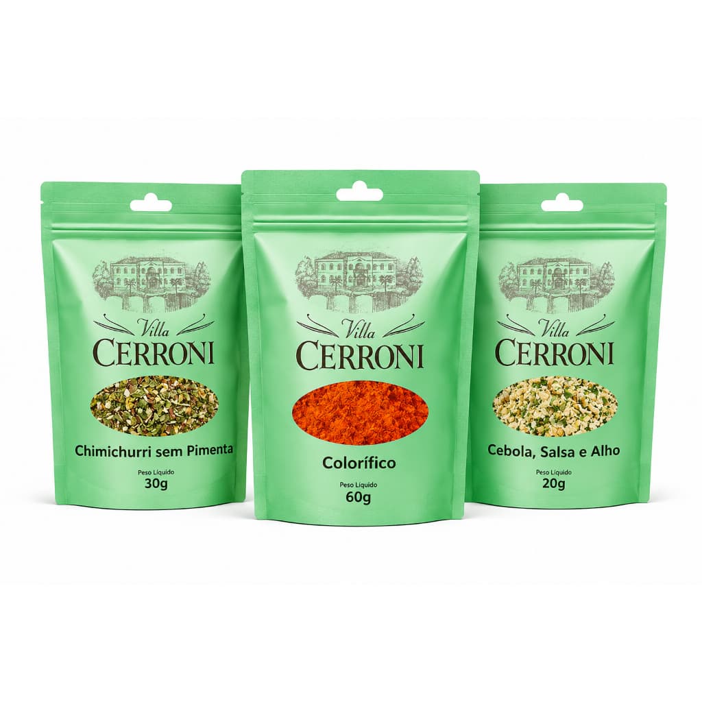 Kit 3 Temperos Chimichurri Sem Pimenta + Colorífico + Cebola Salsa e Alho - Villa Cerroni Refil
