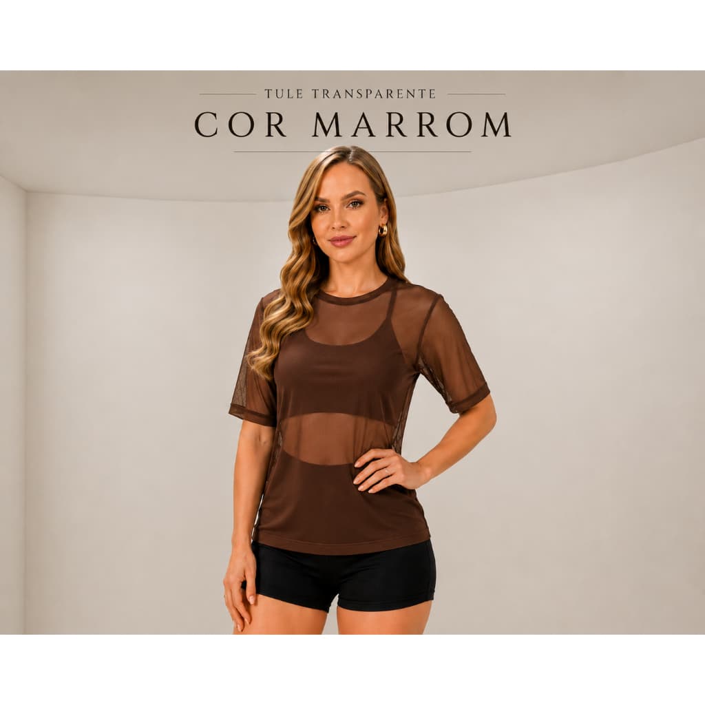 Cropped Feminina de Tule Transparente de Manga Roupa de academia Moda fitness Camiseta