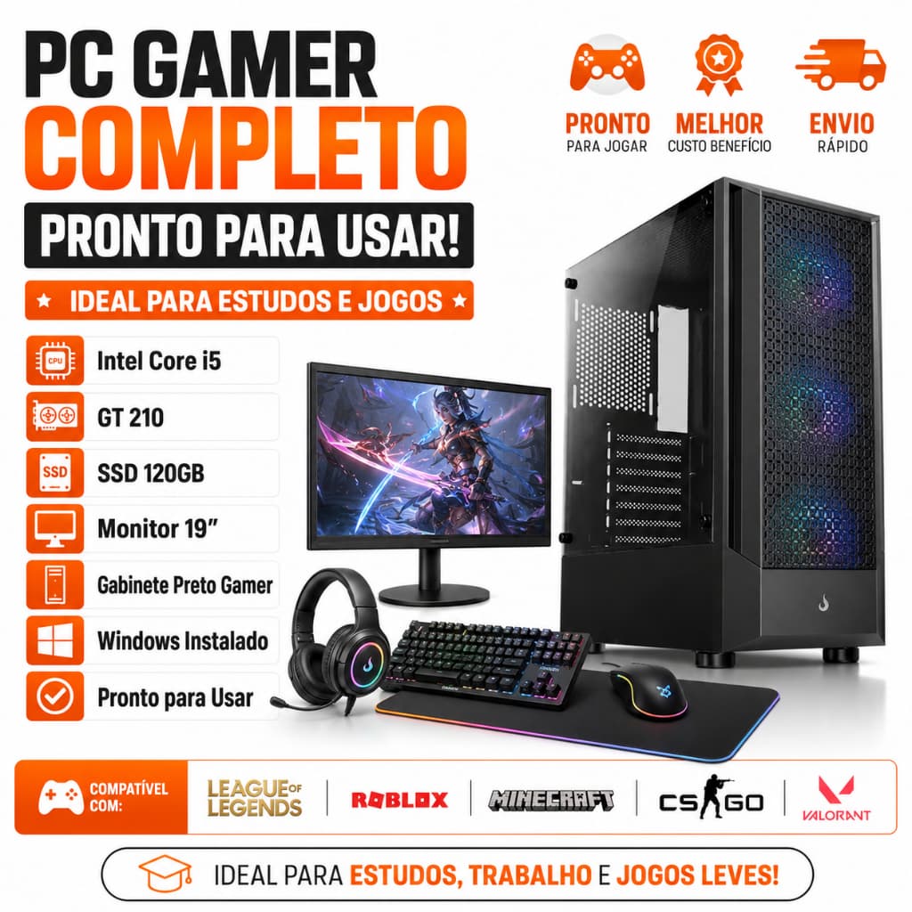 PC Gamer Completo Intel Core i5 + GT 210 | SSD 120GB | 8GB RAM | Gabinete Preto Gamer | Monitor 19” | Windows | Estudos