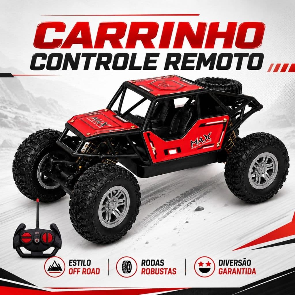 Carrinho Carro de Controle Remoto Off-Road Estrutura Reforçada Jeep 4x4 Recarregável Brinquedo