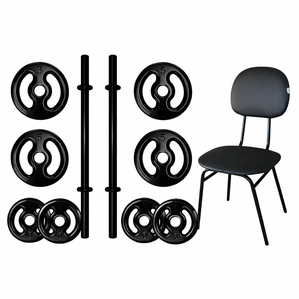 KIT 2 BARRAS 45CM 4 ANILHAS 5KG CADEIRA E 4 ANILHAS 3KG MUSCULAÇÃO FITNESS TREINO CROSSFIT CASA GYM PRO
