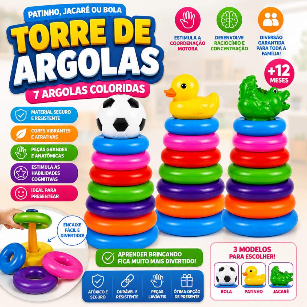 Brinquedo Educativo 7 Argolas Empilhar Infantil Patinho Jacaré Bola Colorido Bebê Didático Montessor