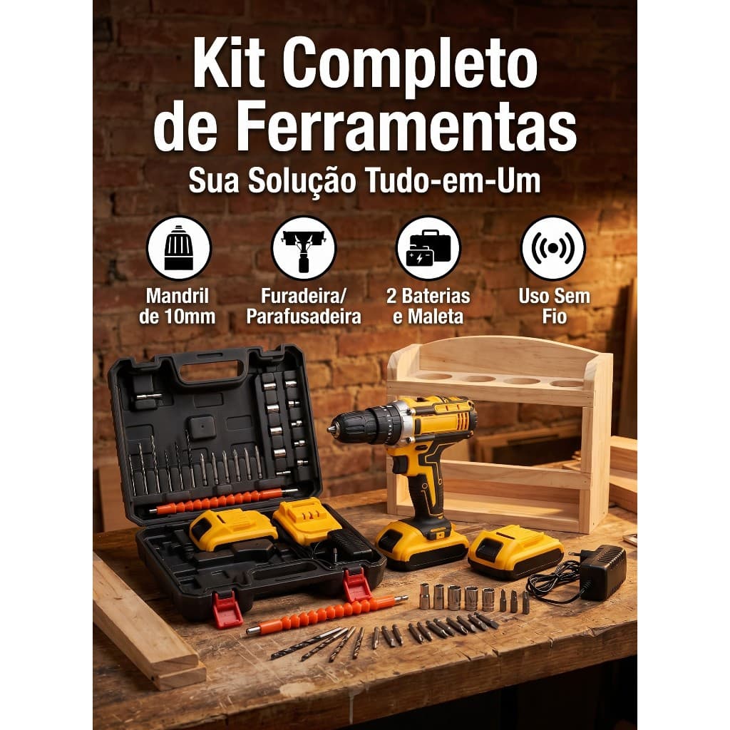 Parafusadeira Furadeira e Chave De Impacto 48V 2 Baterias 3 funções Kit Completo Acessórios