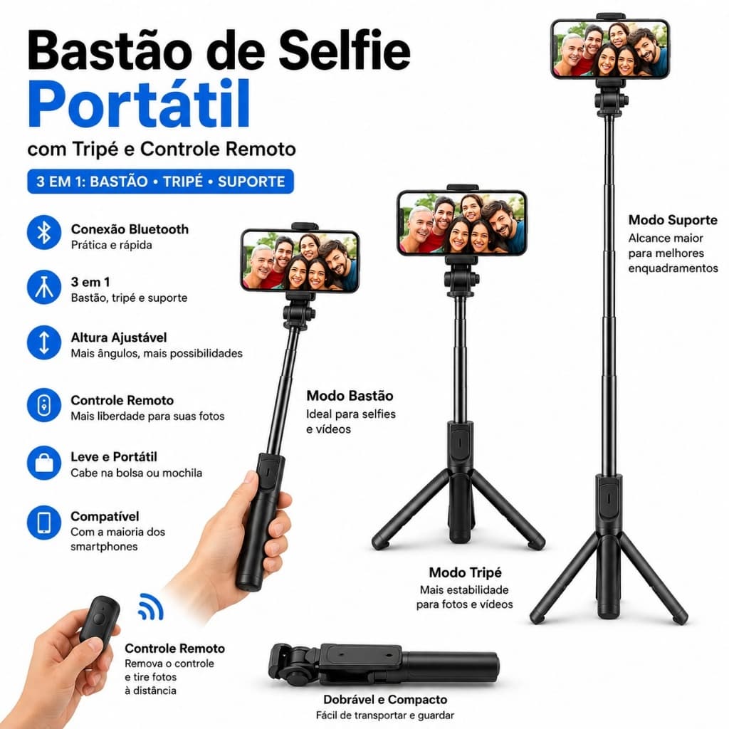 Bastão de Selfie Portátil com Tripé e Controle Remoto para iPhone, Android, Moto e Samsung