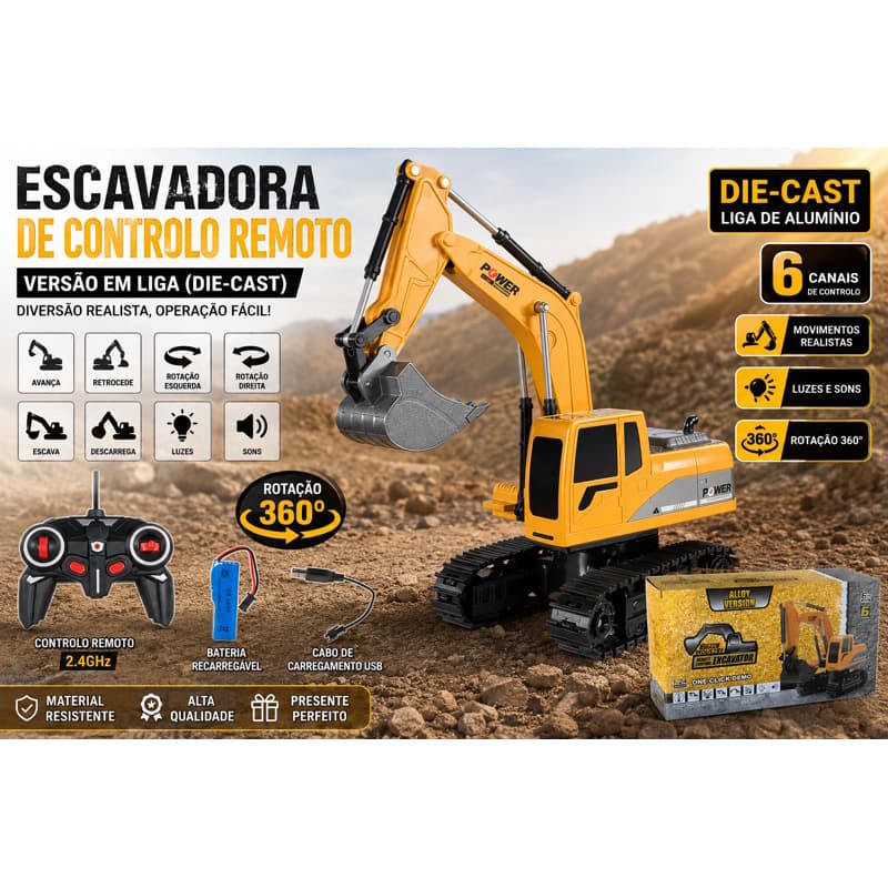 Escavadeira de Controle Remoto Infantil Carrinho de Construção RC Recarregável Shopee Hot