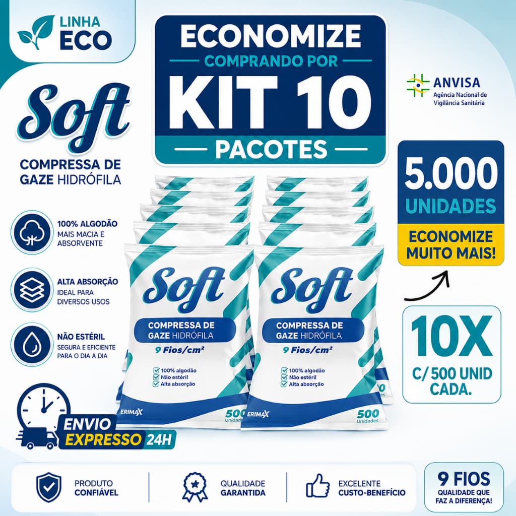 Kit 10 Compressa De Gaze 500 Unidades 9 Fios Soft Hidrófila Gazes Descartável Anvisa 5000 Unidades
