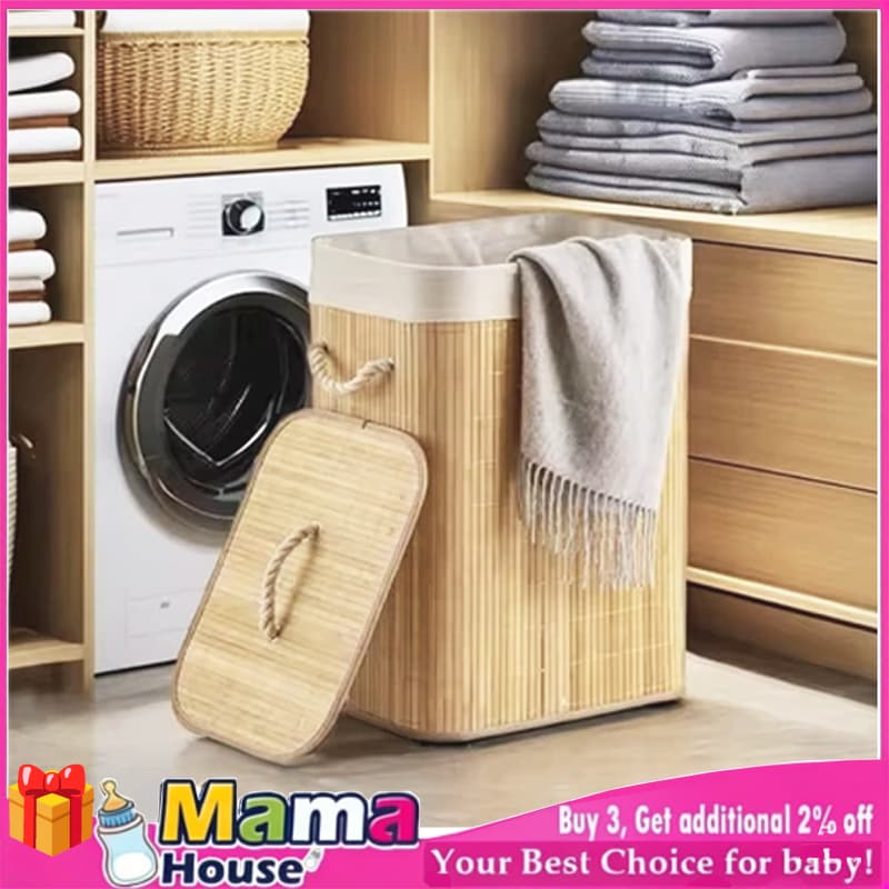 Cesto de Armazenamento em Bambu 50L para Roupa Suja, Cesto Grande com Tecido Forrado, Organizador de Quarto e Banheiro