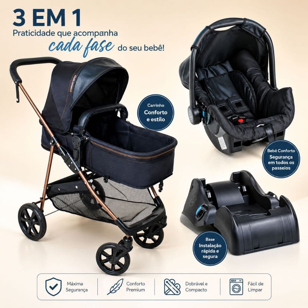 Carrinho De Bebê Europeu Napoli Com Bebê Conforto Moisés E Base para Carro Galzerano