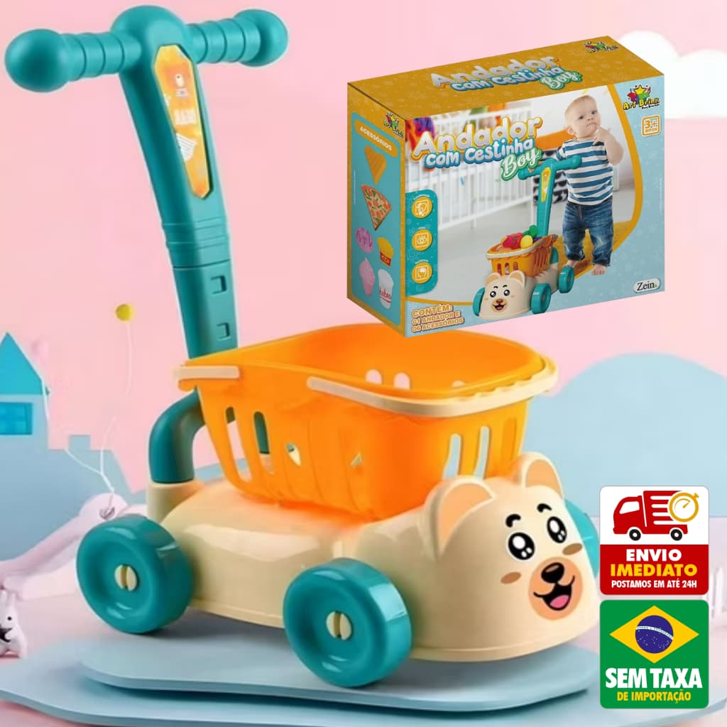 Carrinho de Empurrar Andador Baby Infantil com Cestinha e Brinquedos de Mercadinho Bebê