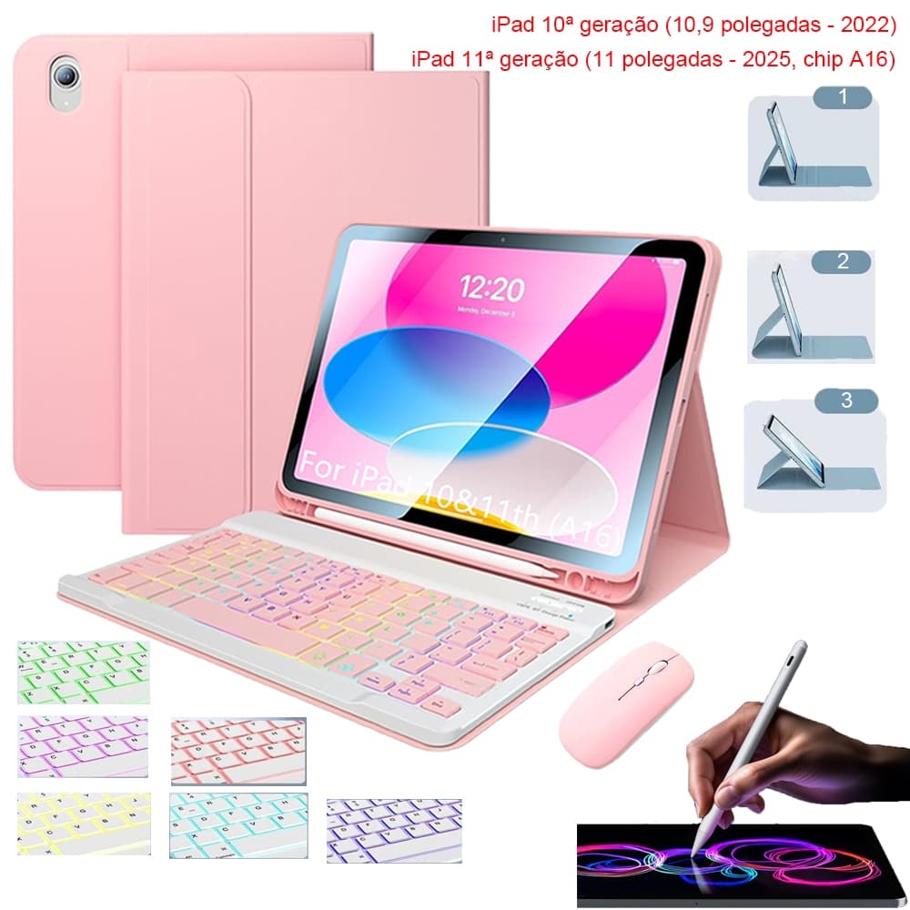 Back Field Capa para Tablet + Teclado Touch ABNT2 + Mouse Sem Fio para iPad 11ª(A16)/10ª Geração (10.9)