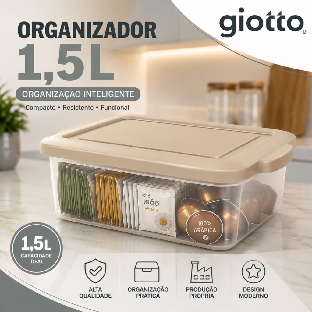 Caixa Organizadora 1,5L Camurça com Tampa Organizador Armazenamento Multiuso Empilhável Giotto
