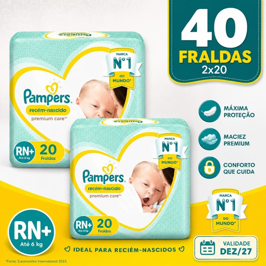 Fralda Pampers Premium Care RN+ Até 6kg – Pacote com 40 Unidades