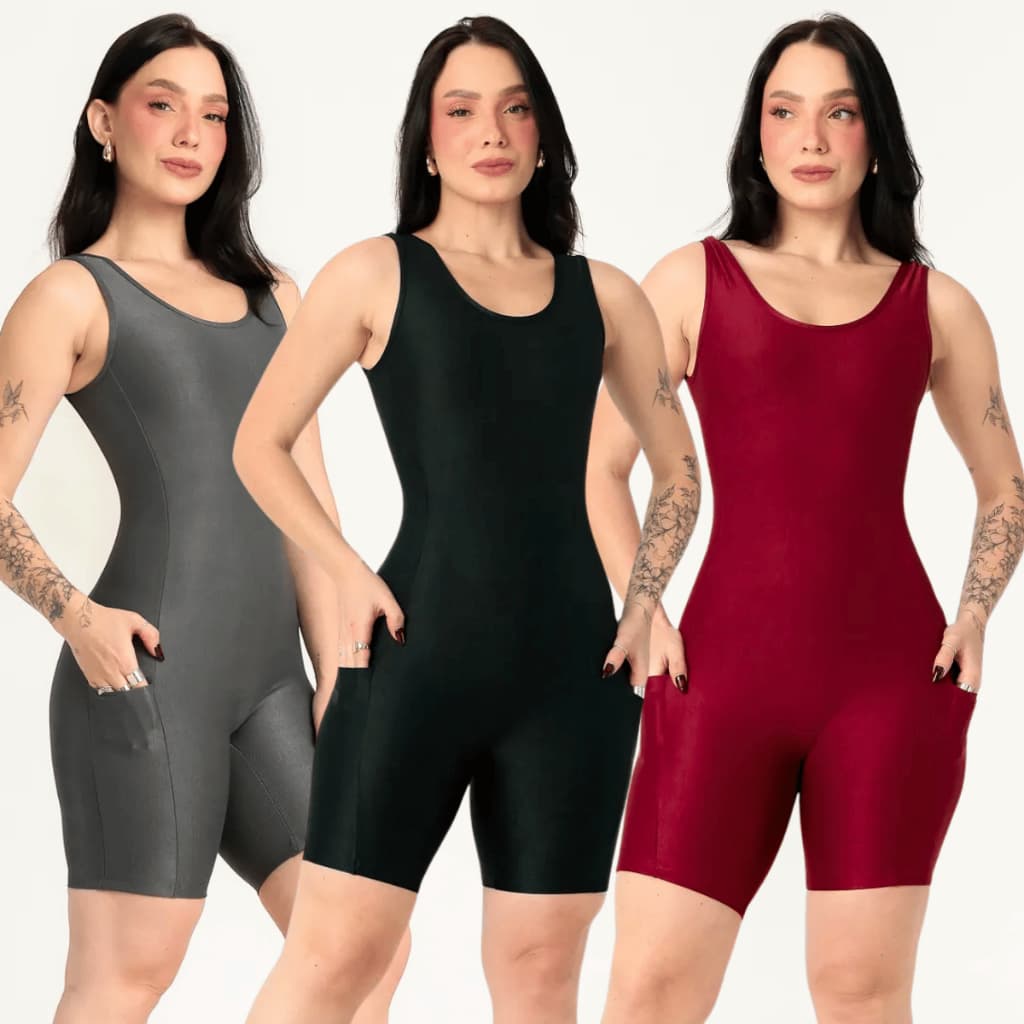 Macaquinho Fitness Feminino Poliamida Canelado Com Bolso Zero Transparência Academia Corrida