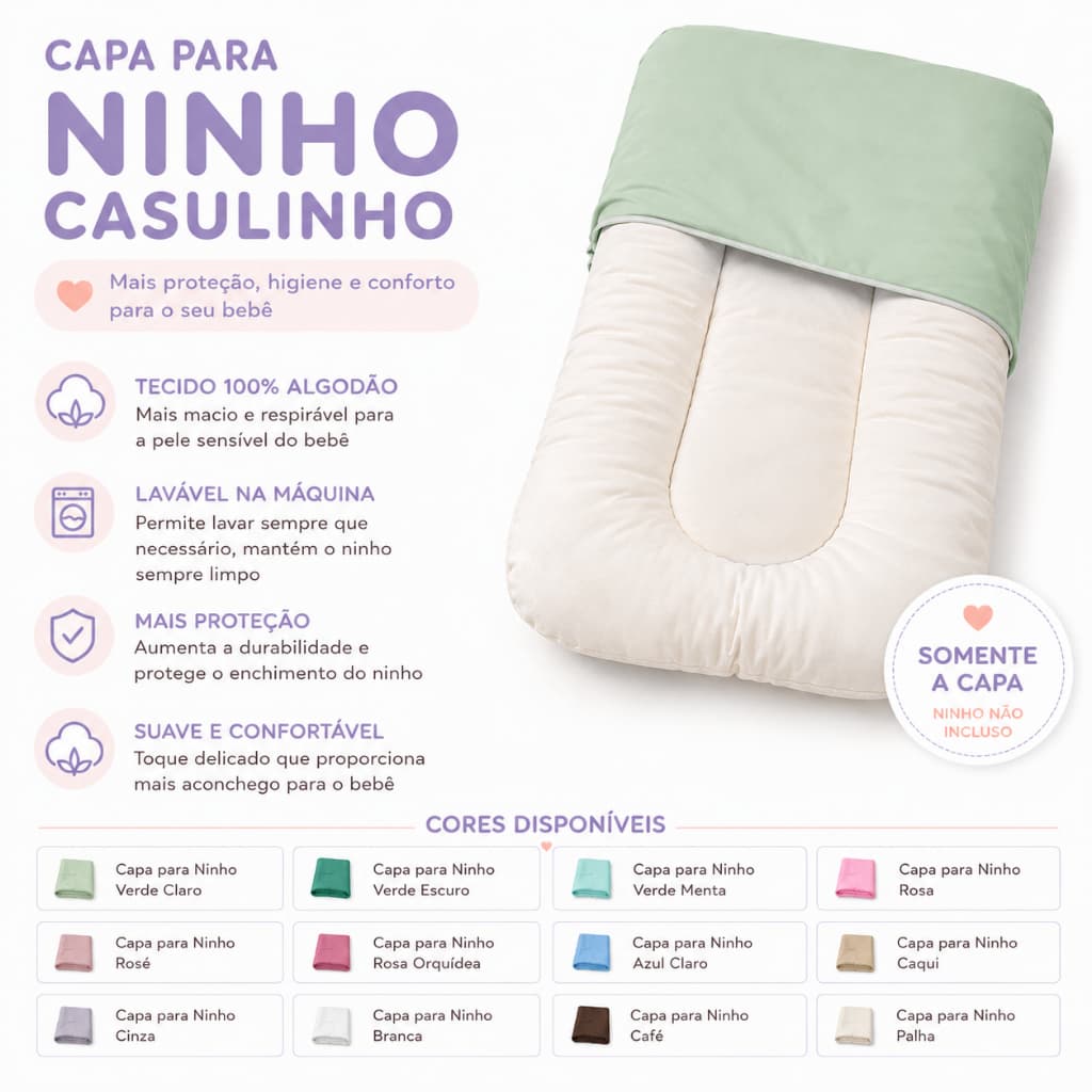 Capa para Ninho Redutor de Berço Casulinho Bebê Recém-Nascido 100% Algodão Removível e Lavável
