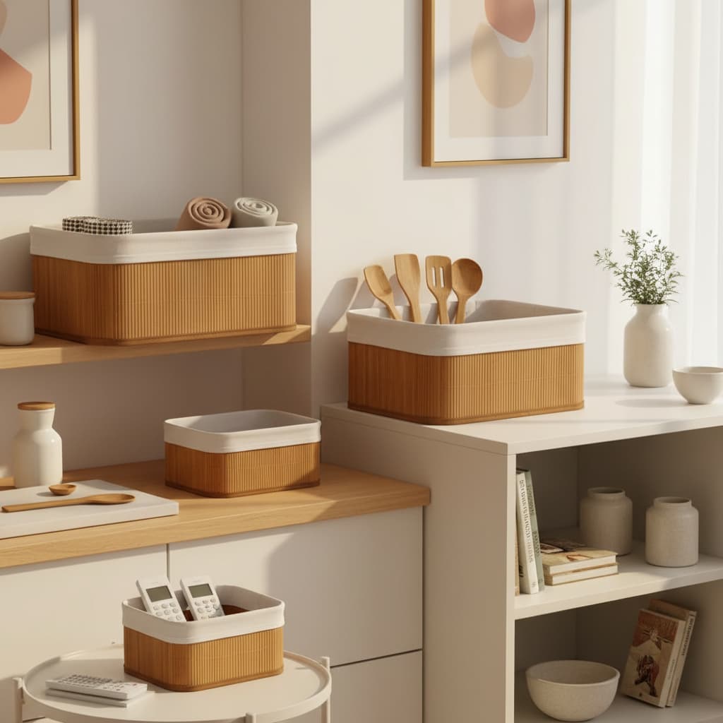 Kit 3 Cestos Organizadores De Bambu Multiuso Quarto Banheiro Closet Armário Cozinha