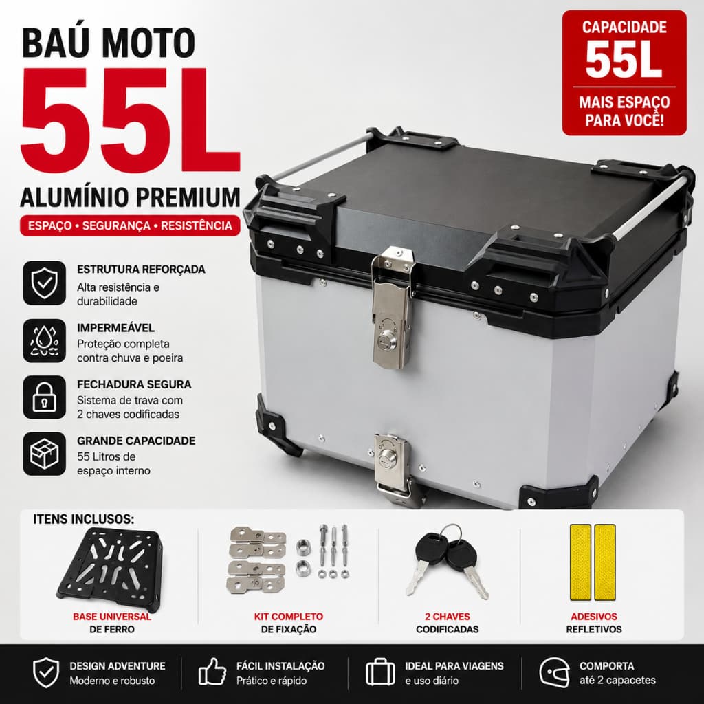 Baú Moto 55L Alumínio Top Case Bauleto Moto Universal Com Chave Grande COR CINZA