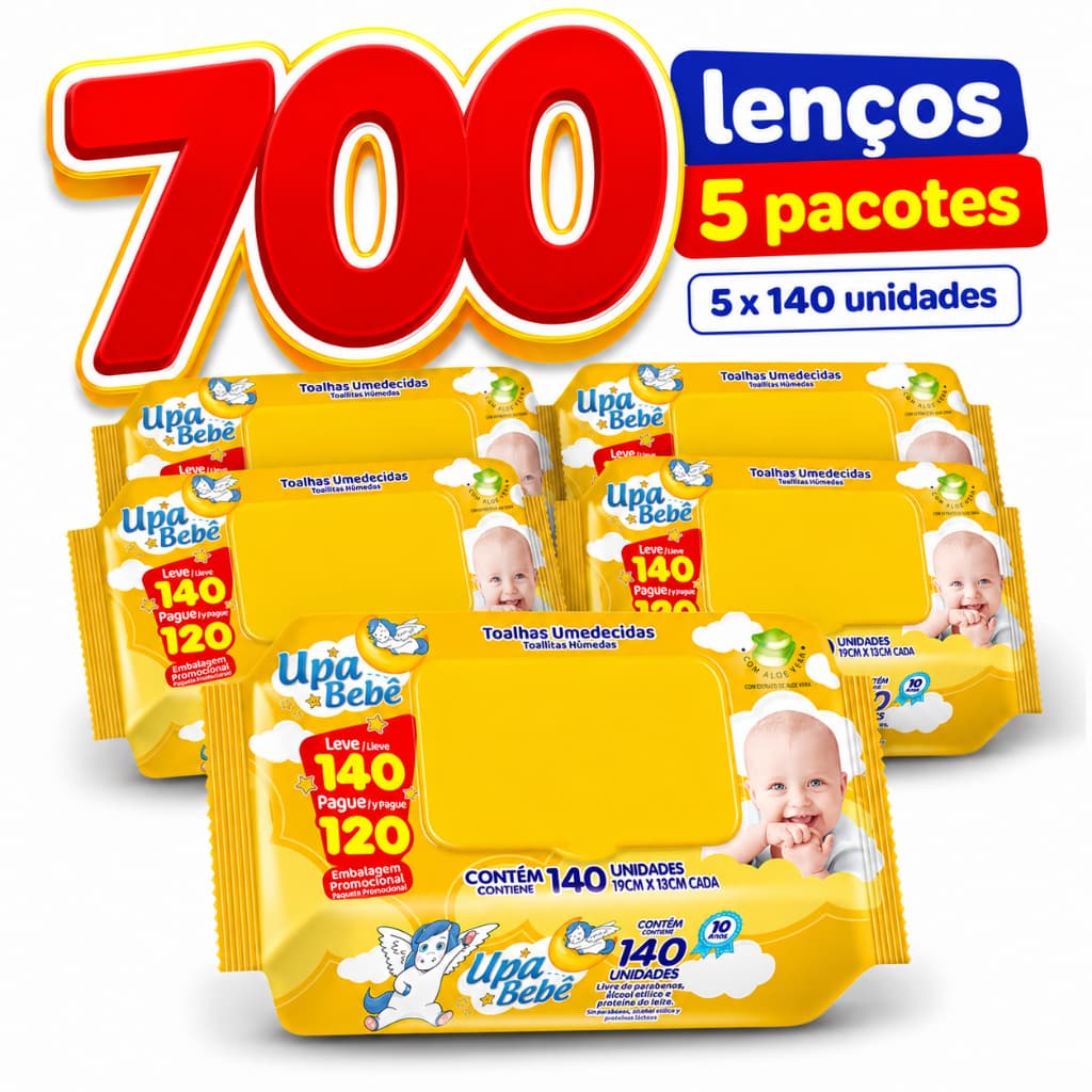 700 Lencos Umedecidos Upa Bebe 5 Pacotes 140 Folhas Tampa FlipTop  Sem Alcool Toalha Umedecida